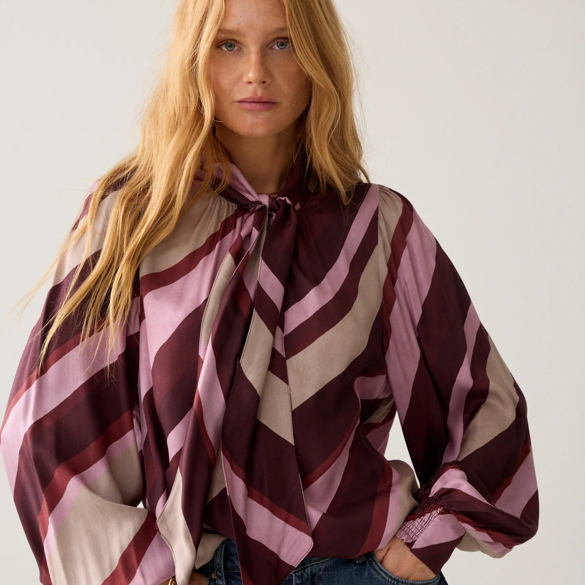 Summum burgundy stripe bow tie dressy blouse