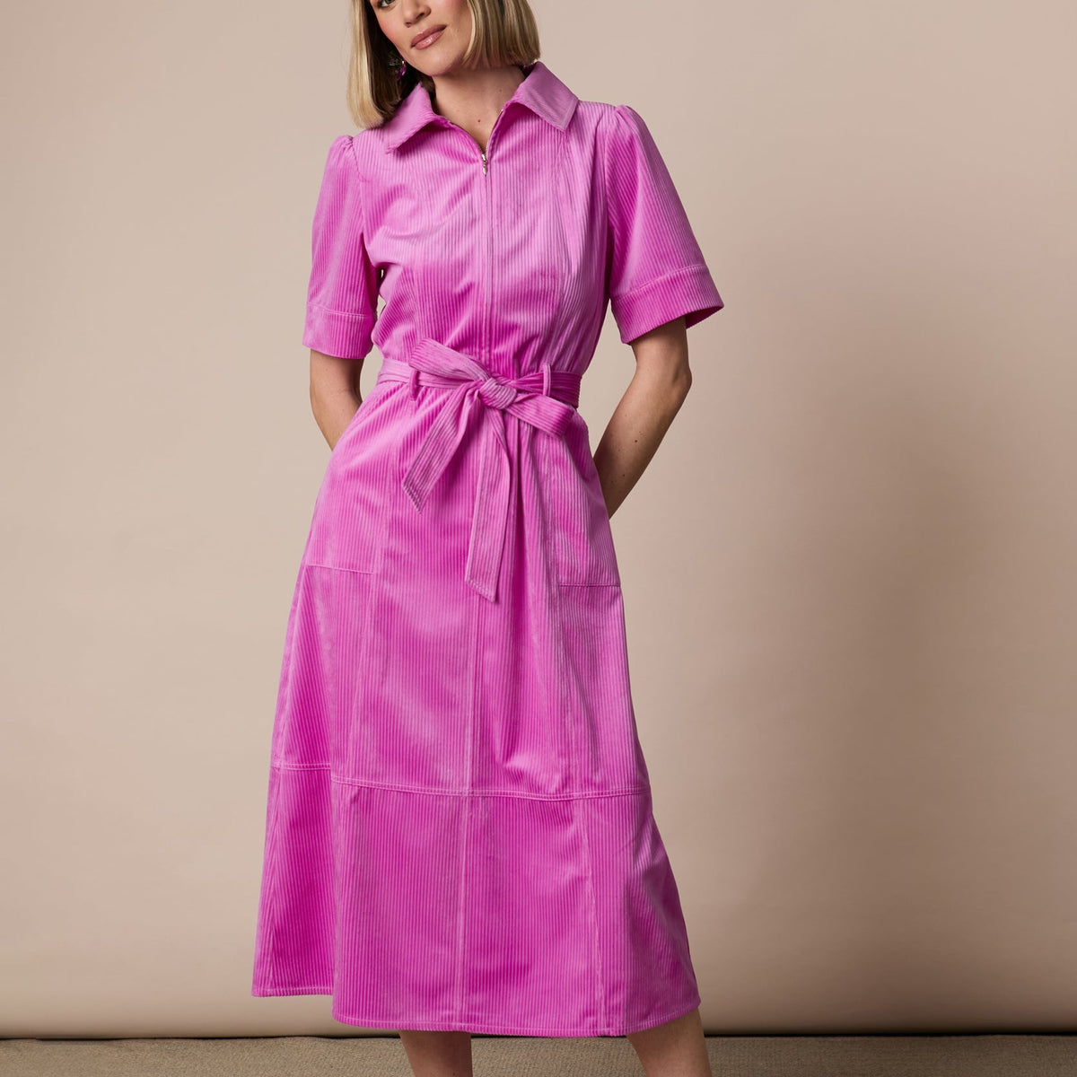 Fee G Roxanne bubblegum pink cord midi shirt dress with tie belt
