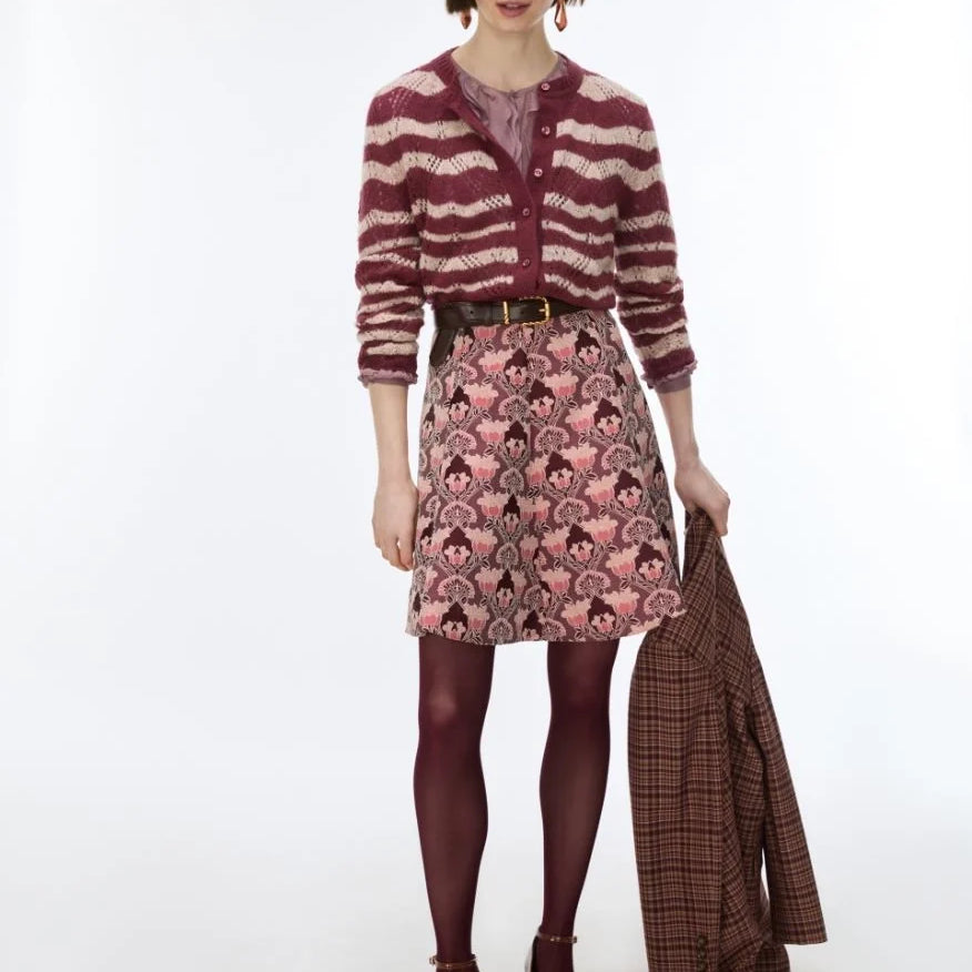 iBlues Iblghinea pink floral mini skirt styled with burgundy knitwear