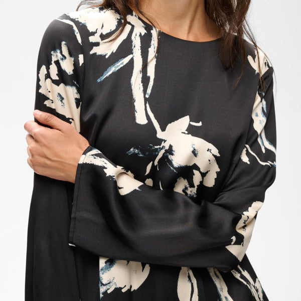 InWear Meadow black floral mini dress close-up showing round neckline