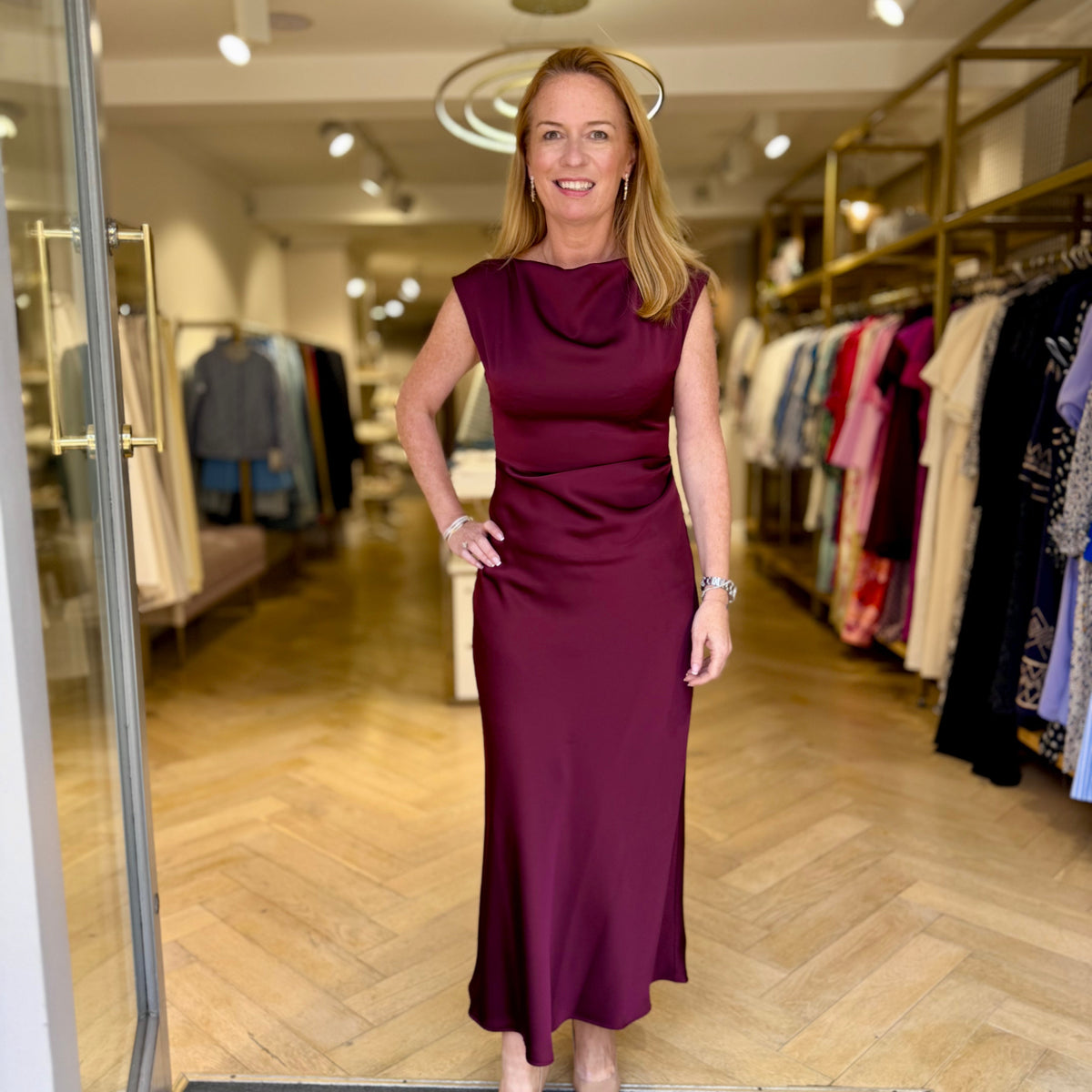 Penny Black Rodeo burgundy satin wedding guest midi dress worn in store