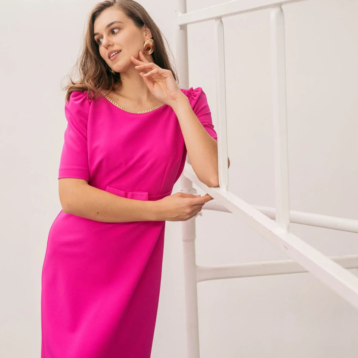 Sisters Pearl intense fuchsia bow midi occasion dress