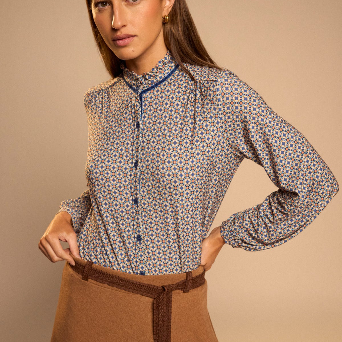 Tinta Encarnacion blue and tan geometric print long sleeve shirt front view