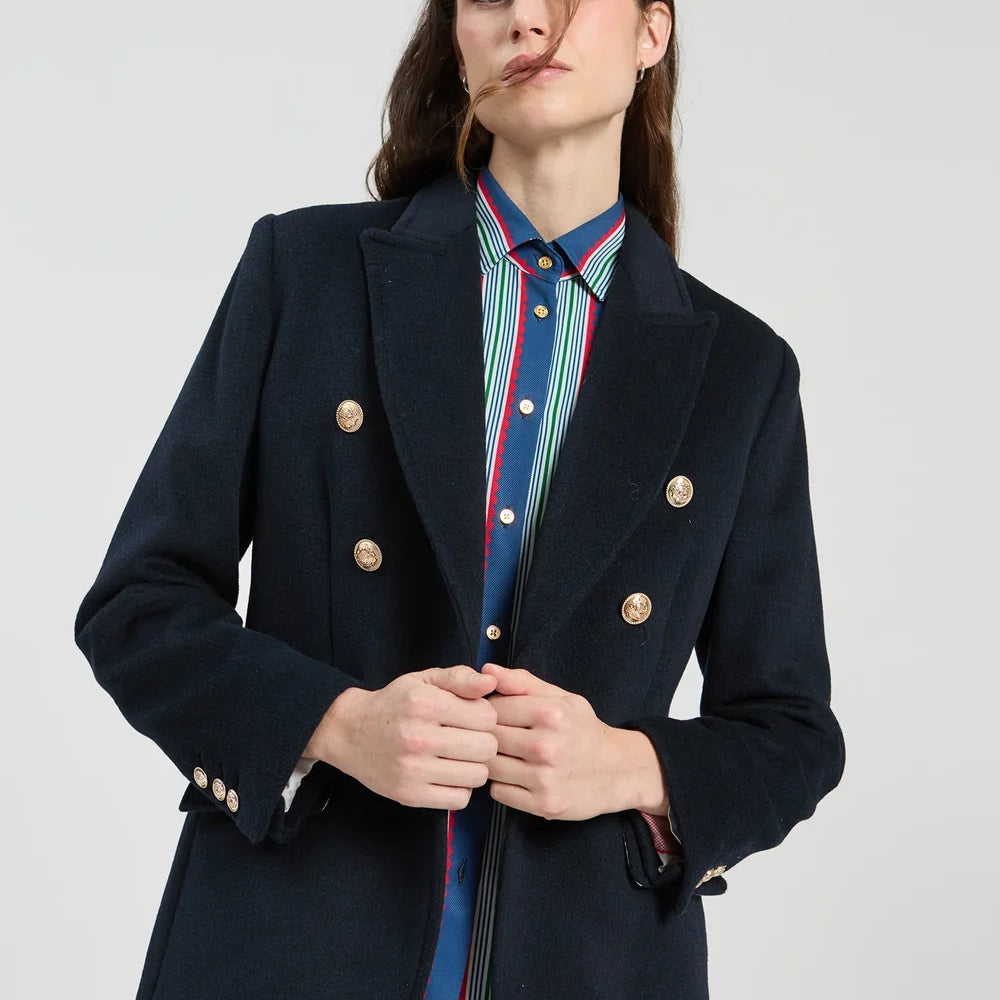 Vilagallo navy double-breasted blazer with gold buttons front view