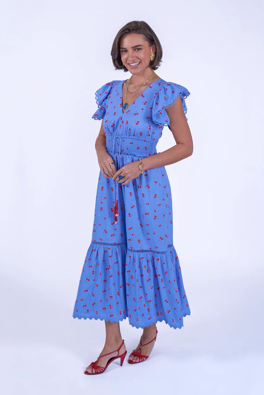 New Day Originals Misha cherry print midi dress lace sleeve detail