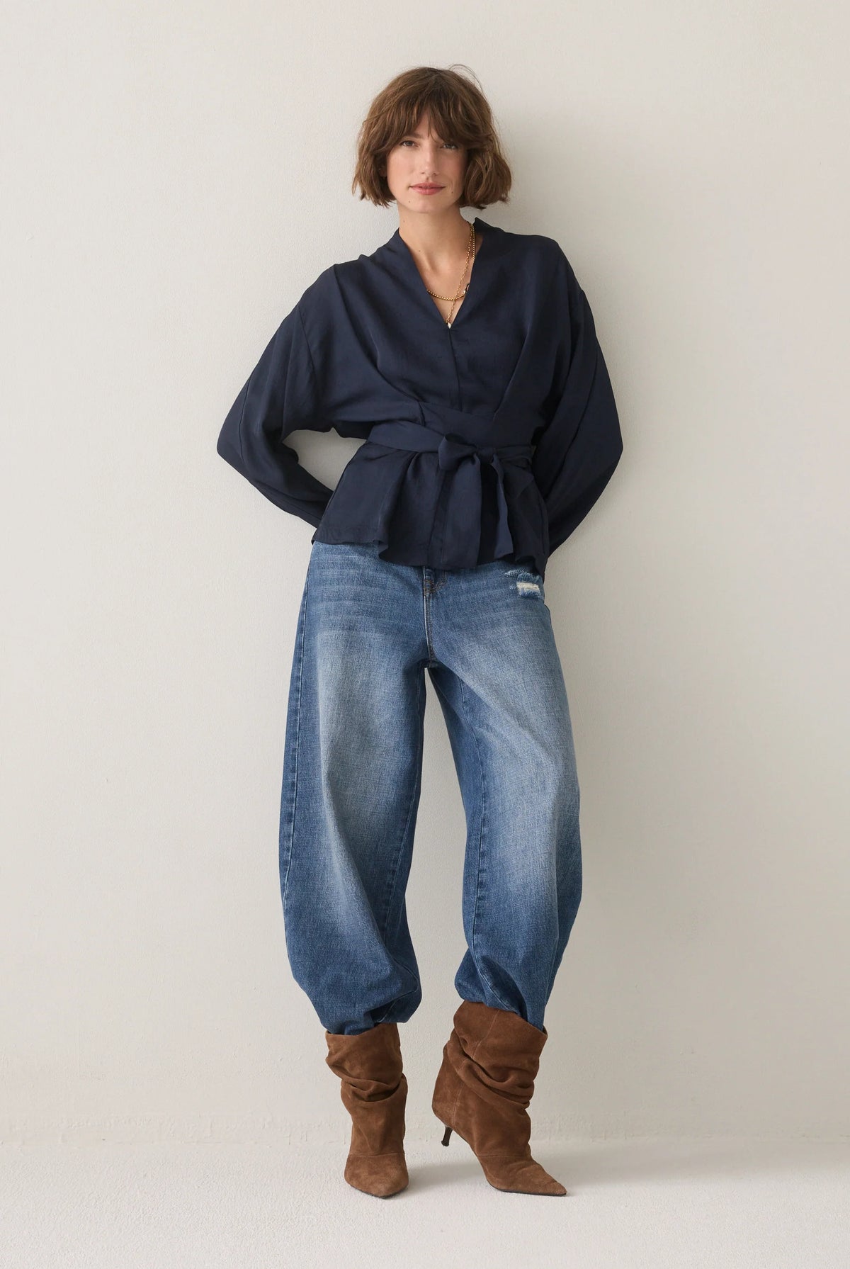 Summum navy wrap blouse – full-length front model view