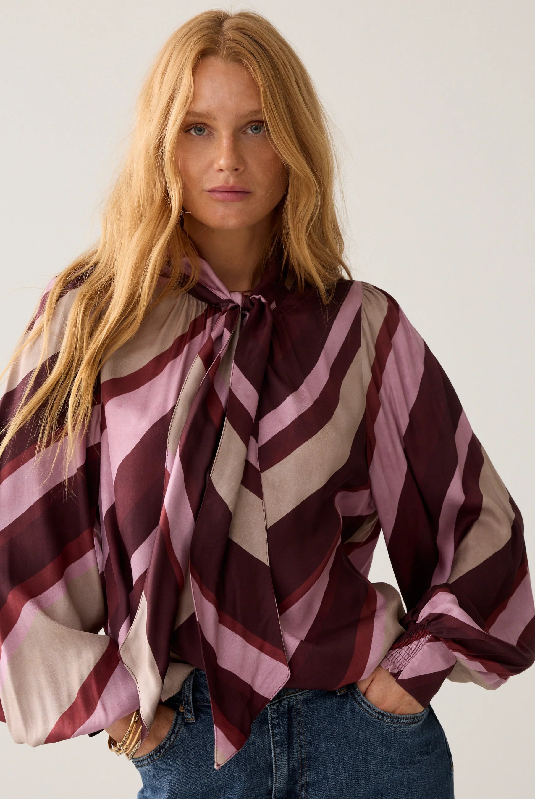 Summum burgundy stripe bow tie dressy blouse