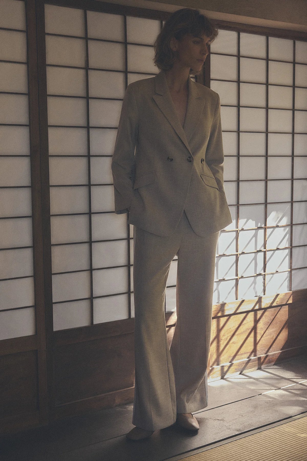 Gustav Callista beige wide-leg trousers styled with matching Stacie double-breasted blazer – lifestyle model view