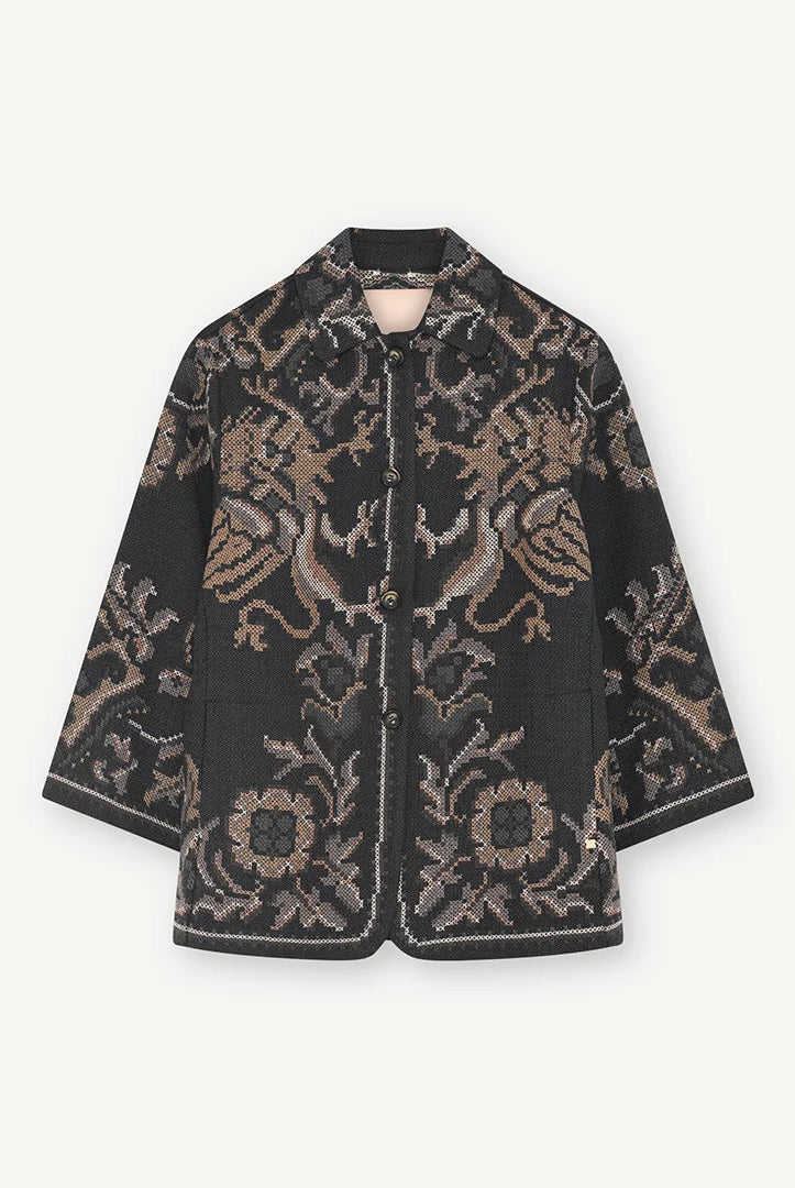Gustav Sarah black embroidered blazer with beige and brown decorative patterns – front product view