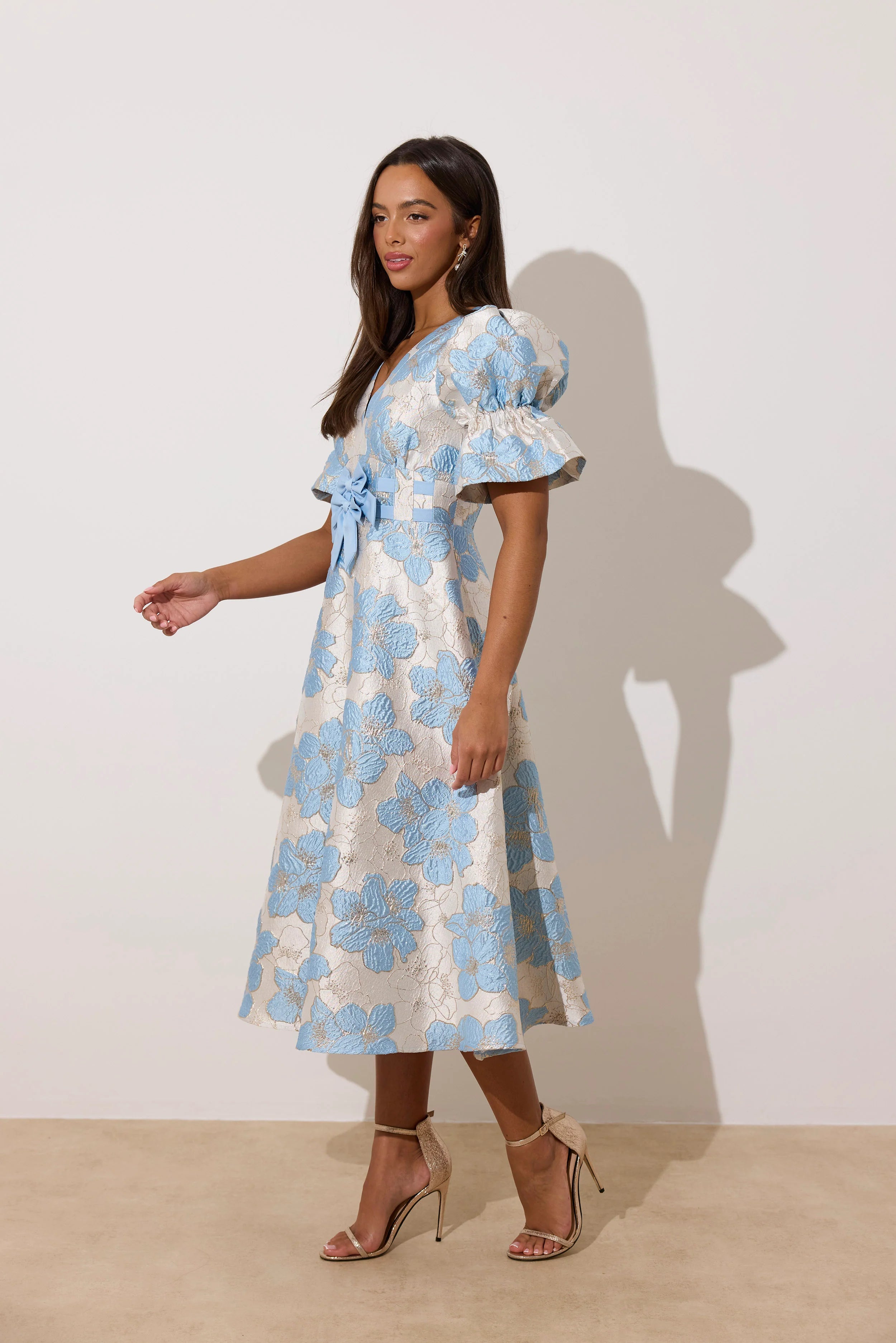 8th Sign Callie Bow Front blue and cream Occasion Dress side view