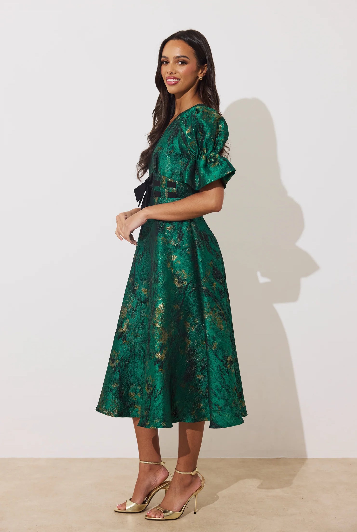8th Sign Callie emerald green metallic midi dress side view