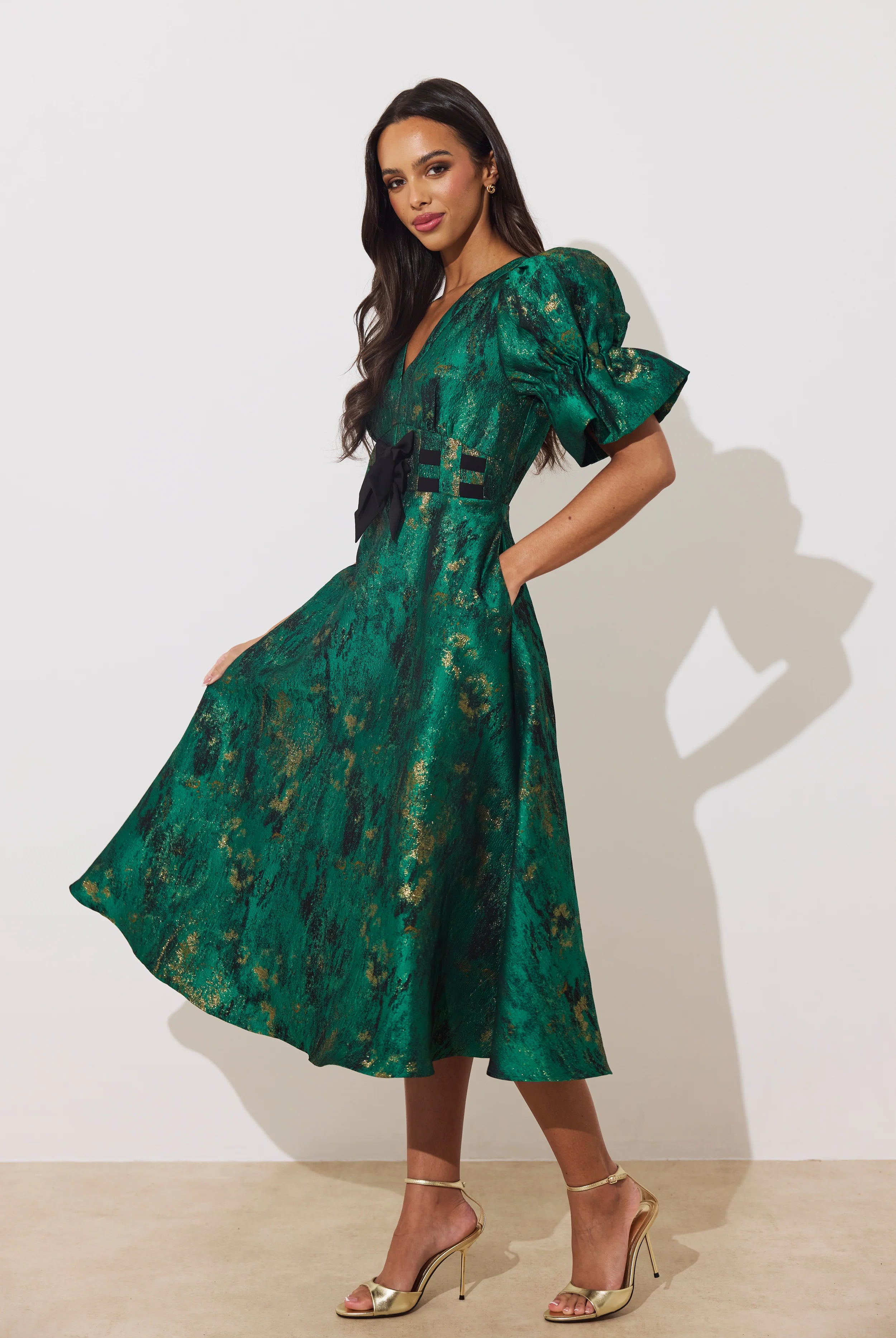 8th Sign Callie green metallic bow midi dress full skirt detail