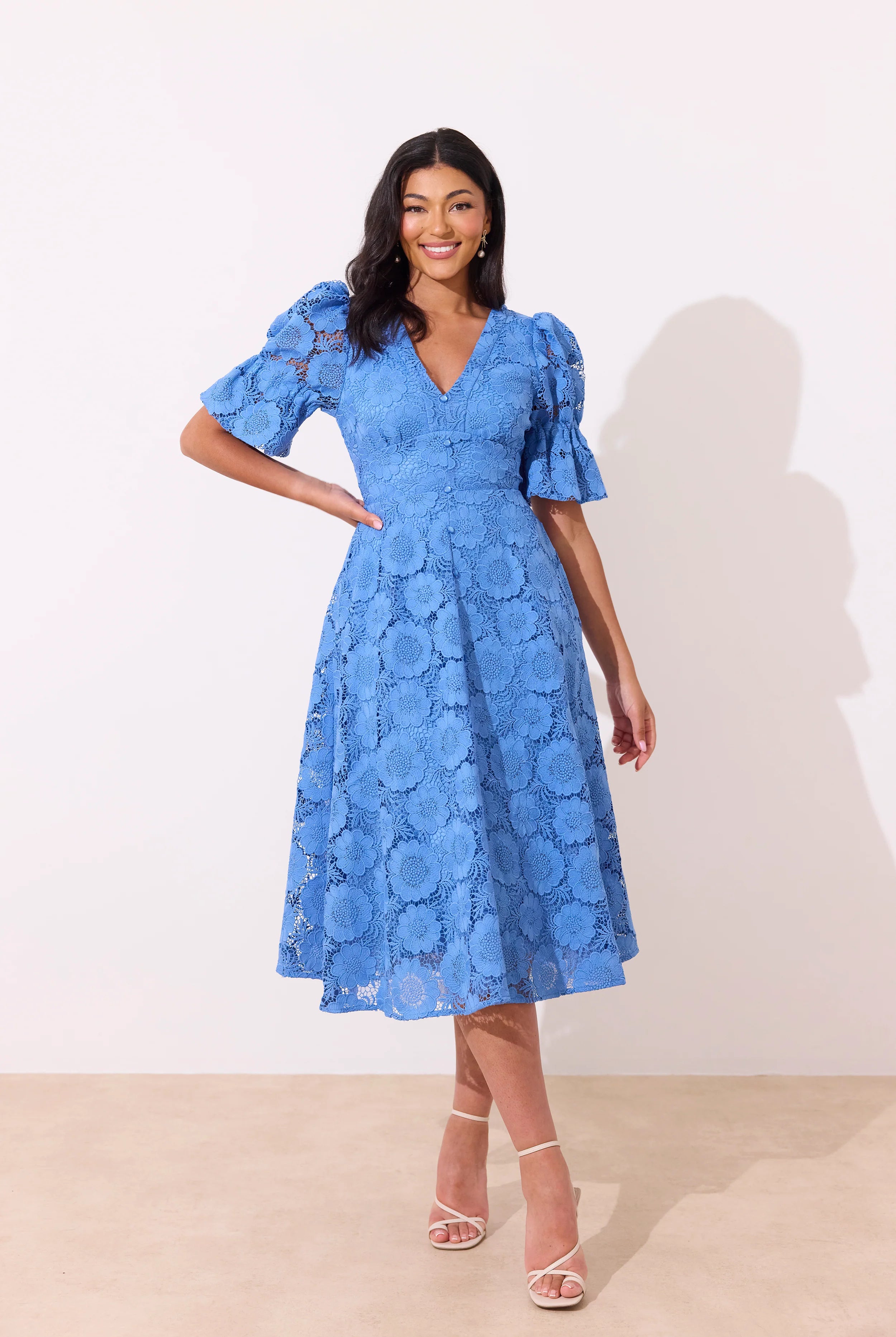 8th Sign Callie crochet lace midi dress in cornflower blue front view