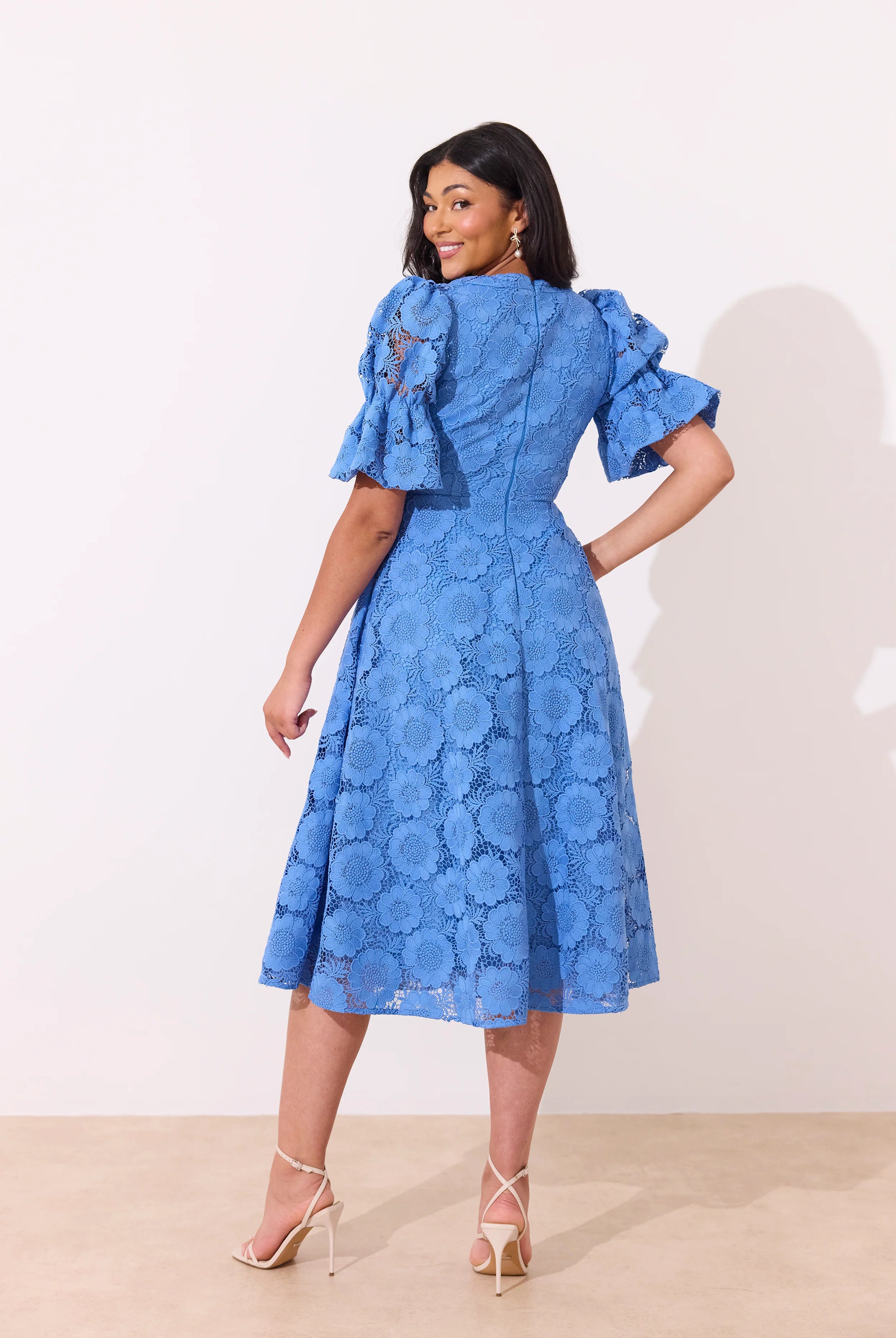 8th Sign Callie cornflower blue lace midi dress rear angle