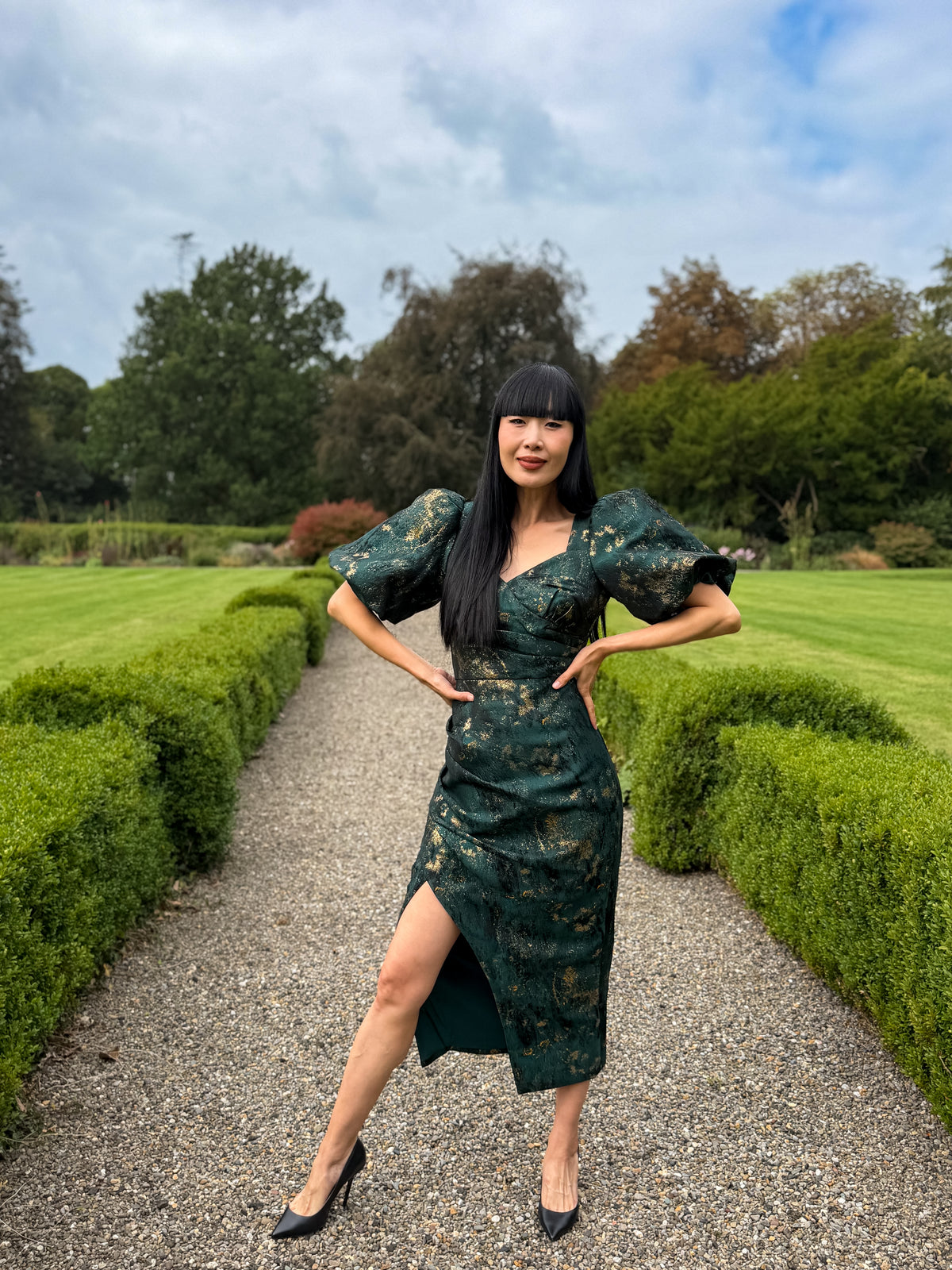 8th Sign Camellia green gold sweetheart neckline midi dress on model