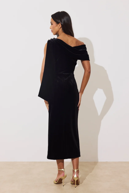 8th Sign Eleni black velvet draped shoulder midi dress back view