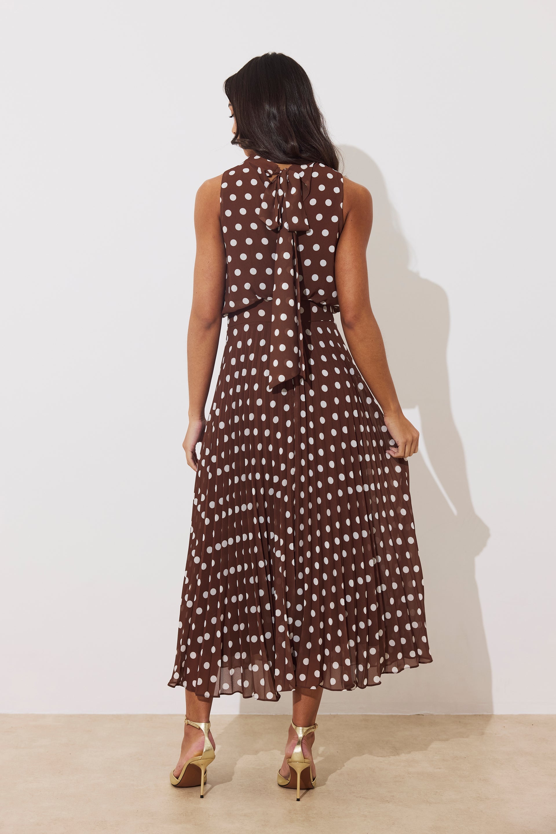 8th Sign Milly brown polka dot midi occasion dress from the back