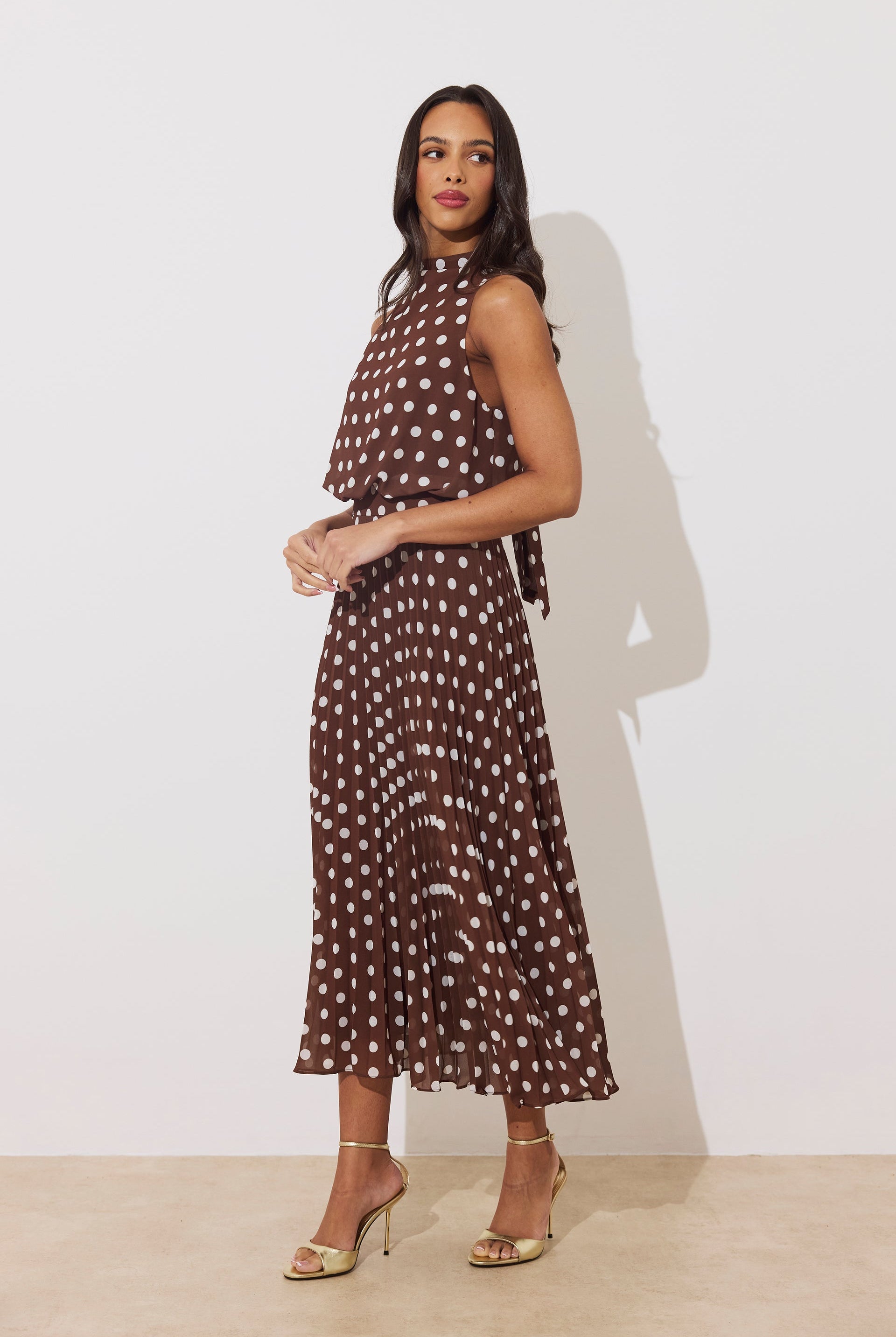 8th Sign Milly brown sleeveless polka dot pleated occasion dress