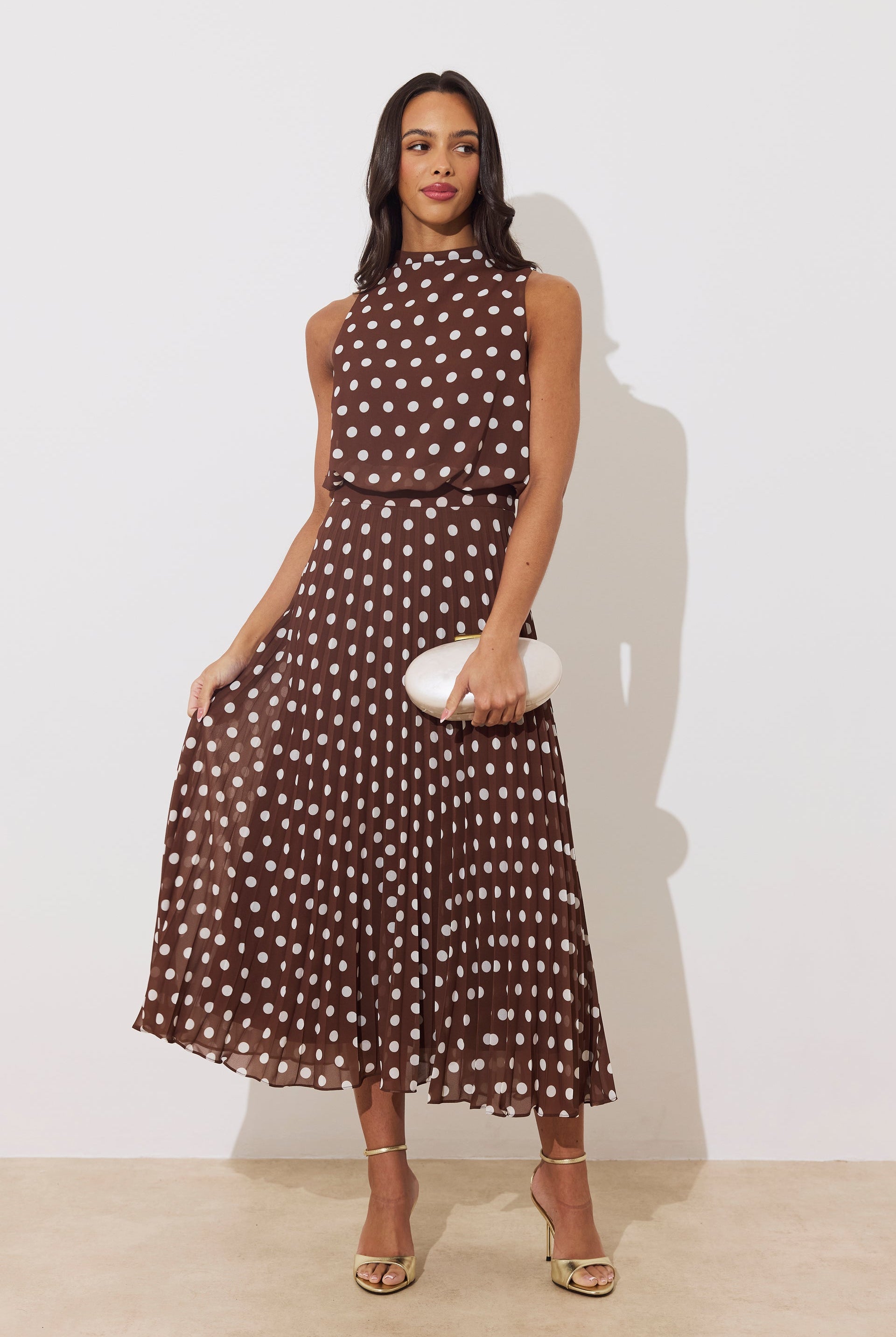 8th Sign Milly brown polka dot pleated midi dress front view