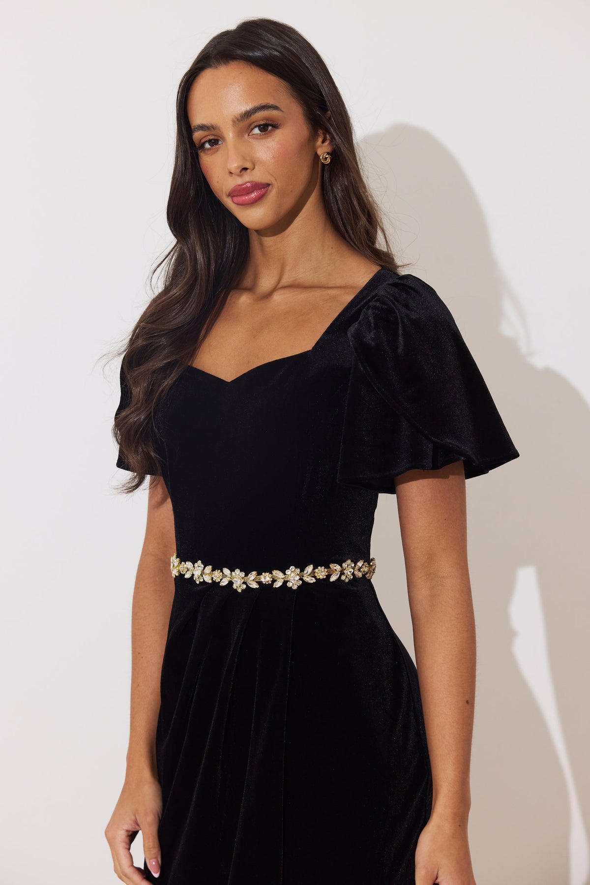 8th Sign women’s black velvet tulip skirt occasion dress front view