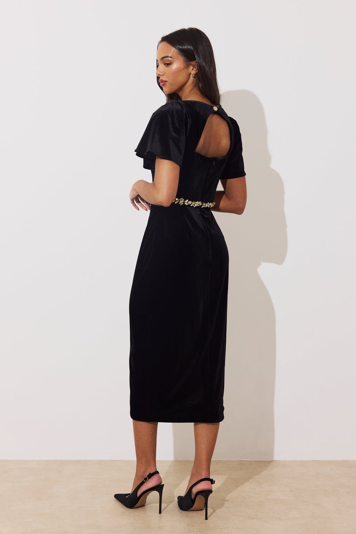 8th Sign Solana crystal embellished waist black velvet dress close-up