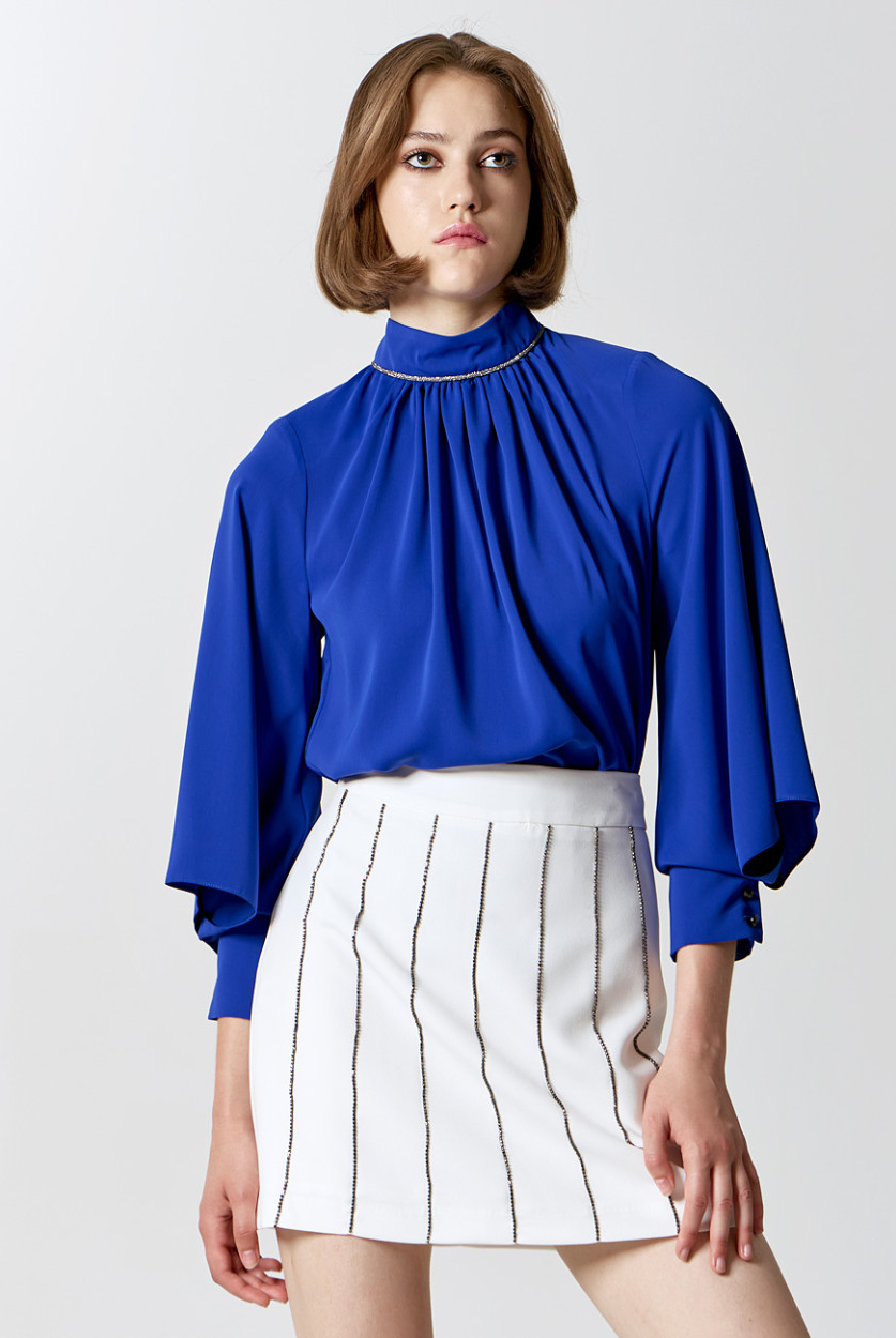 Access Fashion cobalt blue wide sleeve blouse with diamanté high neck, front view.