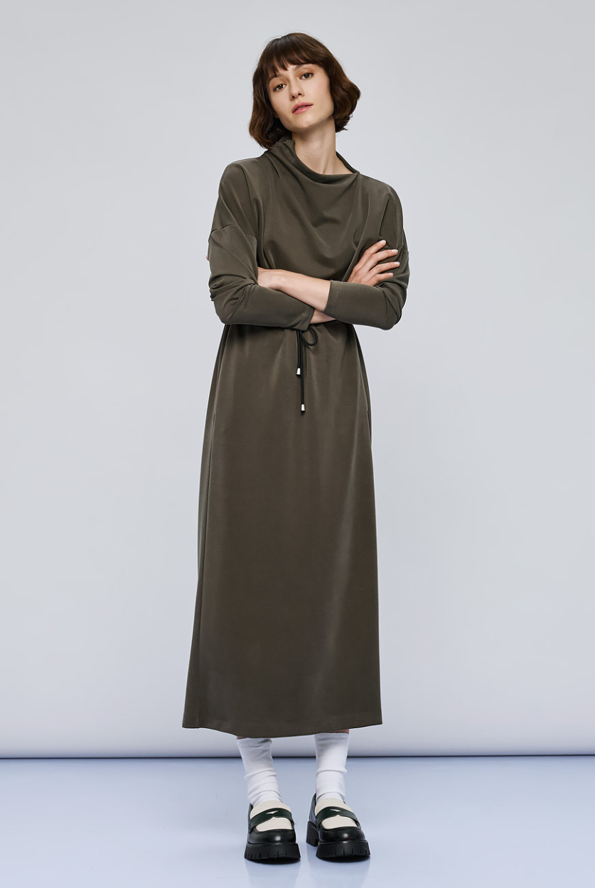 Access Fashion long khaki drawstring dress with relaxed long sleeves, side front angle