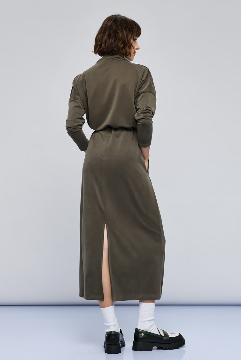 Access Fashion long khaki dress with drawstring waist and back slit, rear view