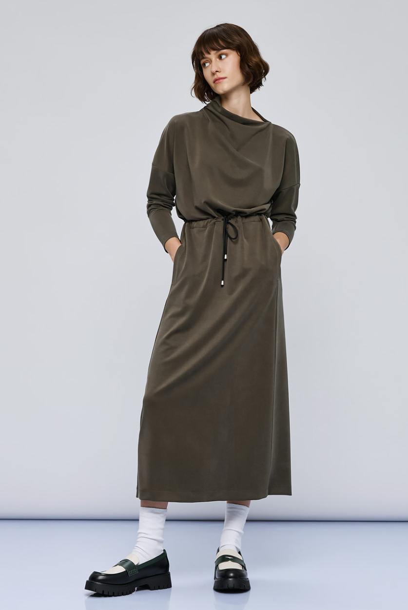 Access Fashion long khaki dress with draped turtleneck and drawstring waist, full front view