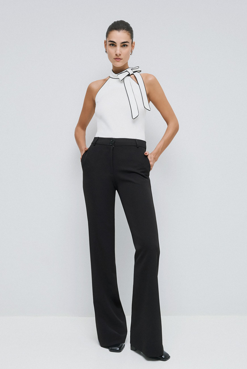 Access Fashion high waisted black flared trousers front view.
