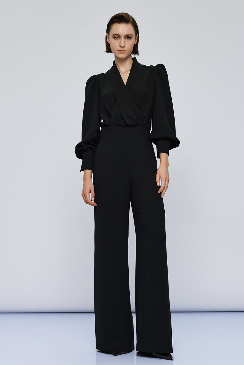 Access Fashion Black Puff Sleeve Jumpsuit full length front view with wide leg and puff sleeves.