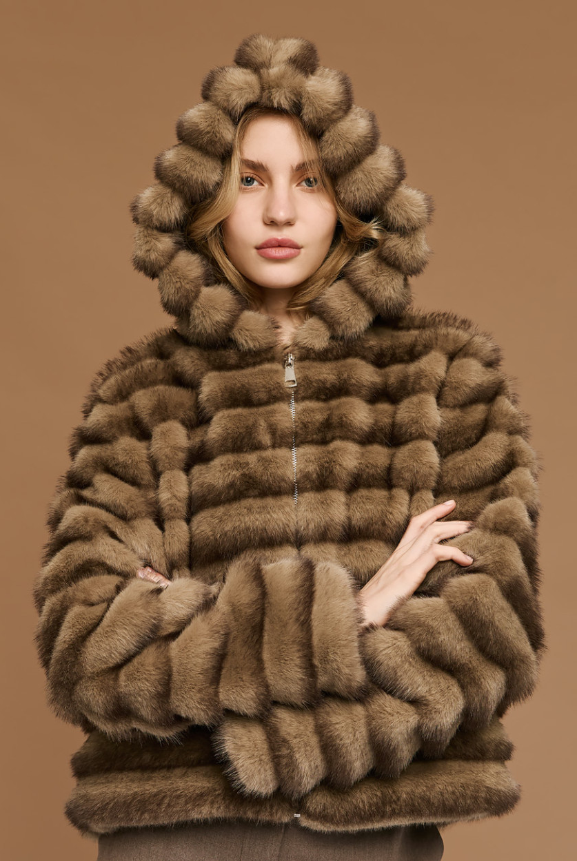 Access Fashion short faux fur hooded jacket front view on model in brown striped faux fur