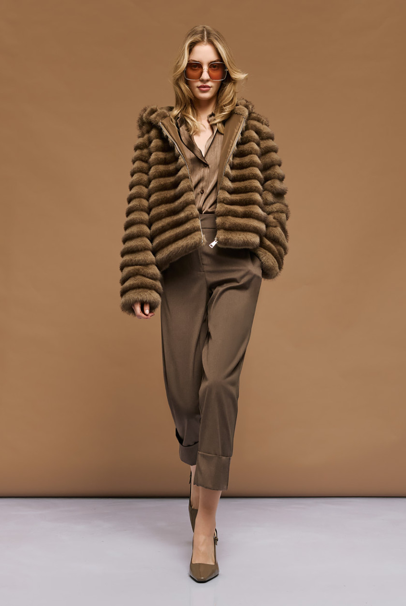 Access Fashion faux fur cropped hooded jacket full outfit view on model