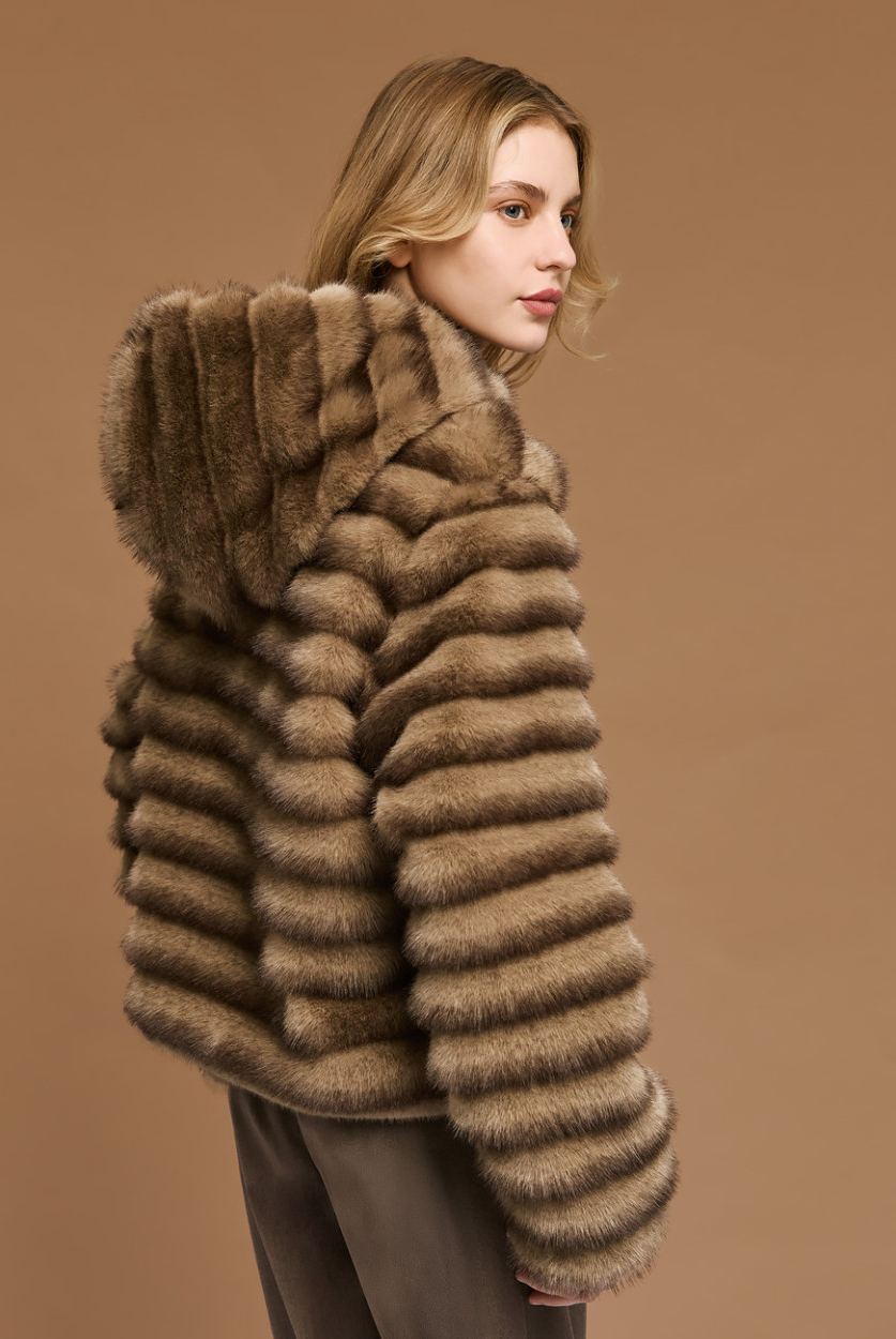 Access Fashion short faux fur hooded jacket side view showing cropped length