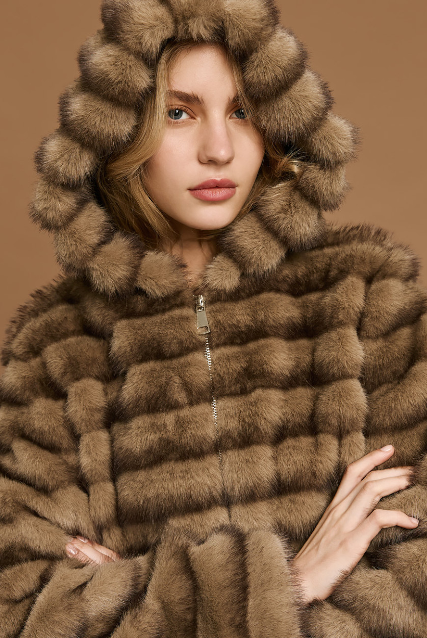 Access Fashion faux fur jacket close front view with hood up and textured stripes