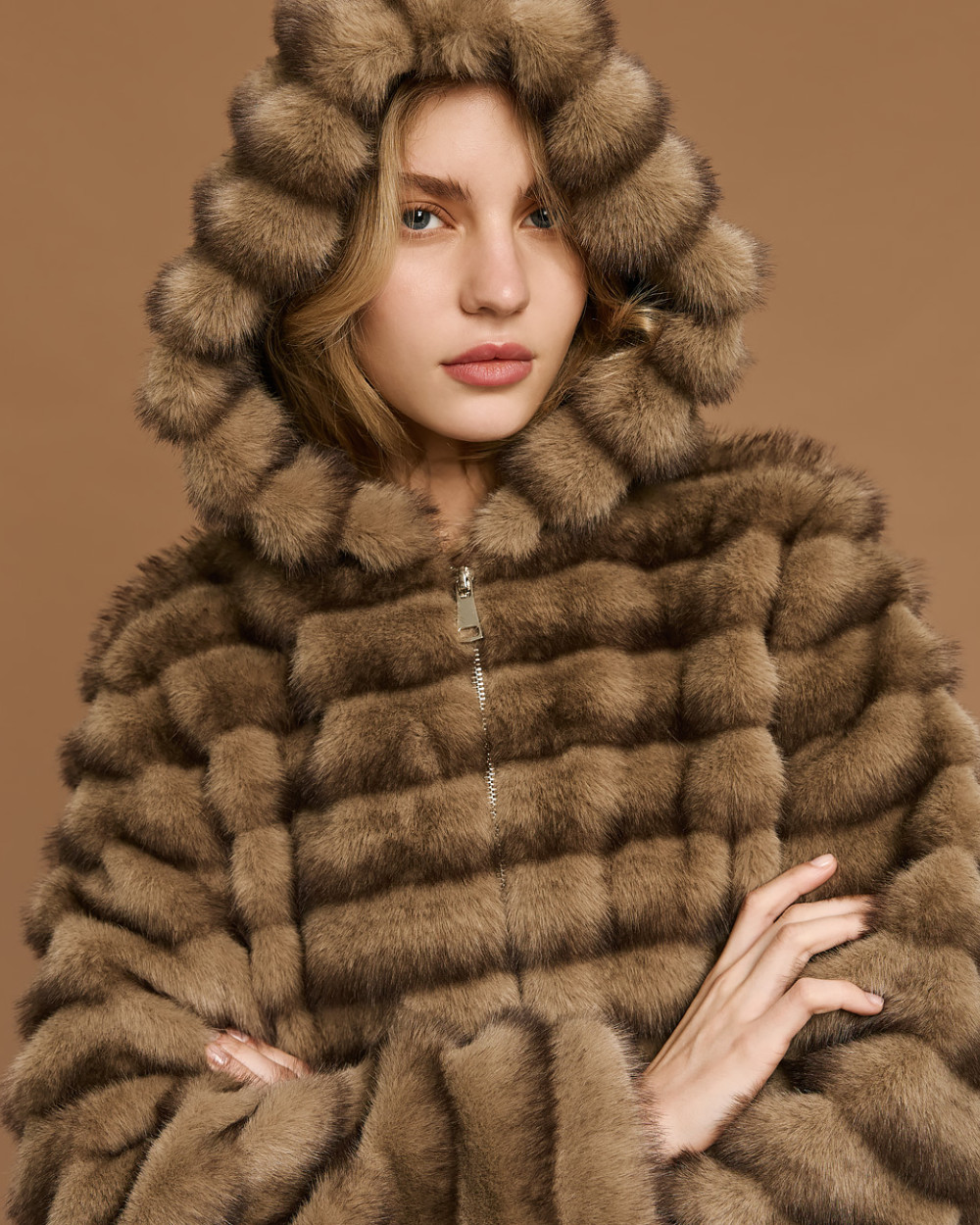 Access Fashion faux fur jacket close front view with hood up and textured stripes