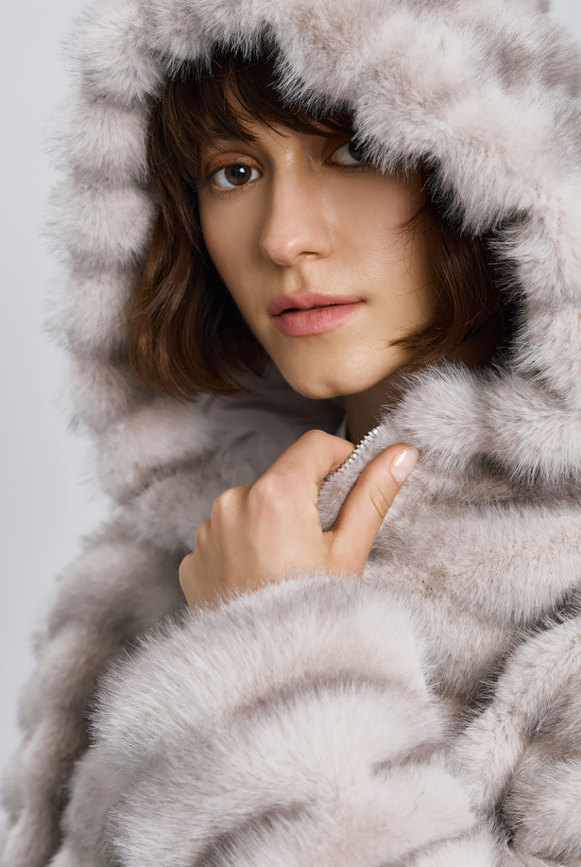 Access Fashion grey hooded faux fur jacket – close front view with zipped closure