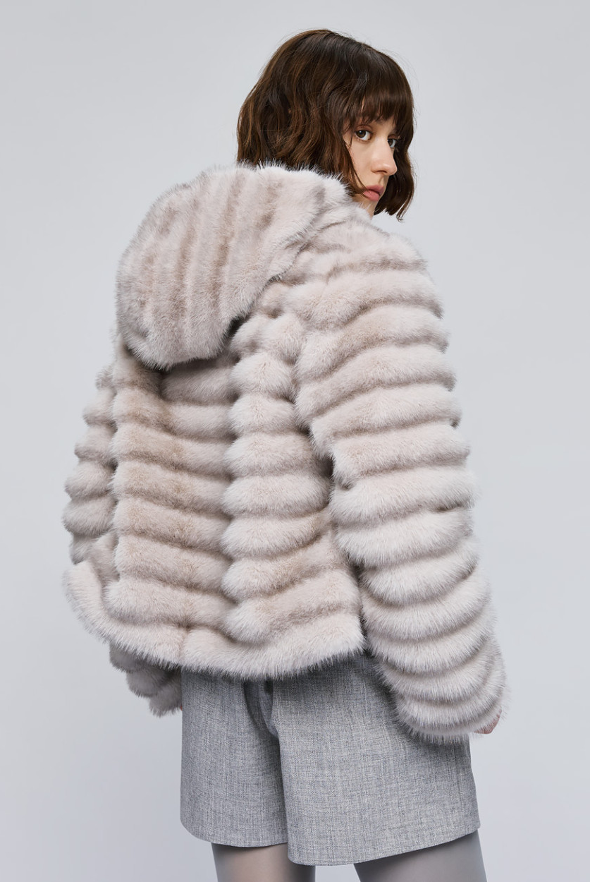 Access Fashion grey faux fur jacket with hood – back view showing striped texture.