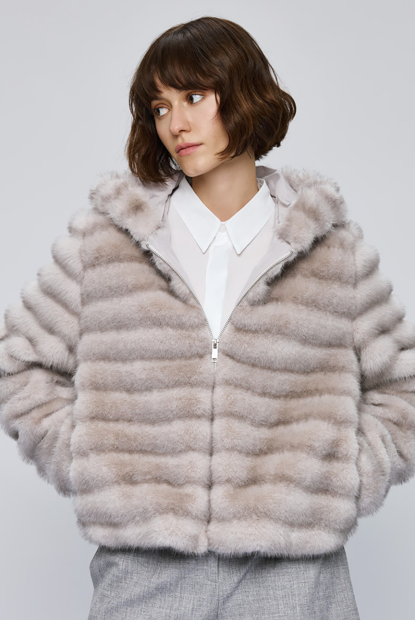 Access Fashion grey faux fur jacket – textured striped faux fur in soft grey.