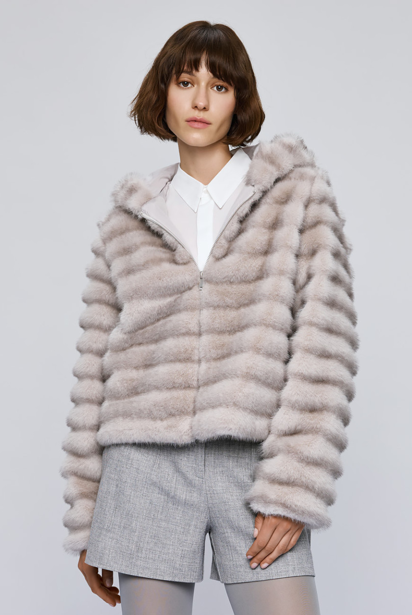 Access Fashion grey faux fur jacket with hood – front view worn with white shirt