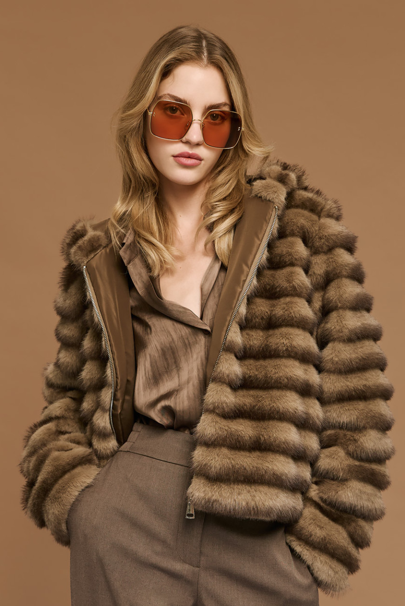 Access Fashion short faux fur hooded jacket front view on model in brown striped faux fur