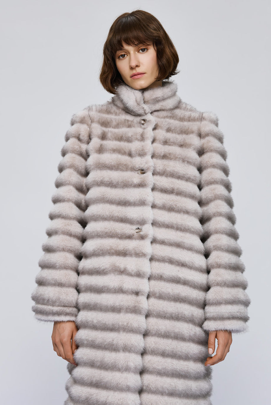 Access Fashion long grey faux fur coat front view, high neckline and striped faux fur texture