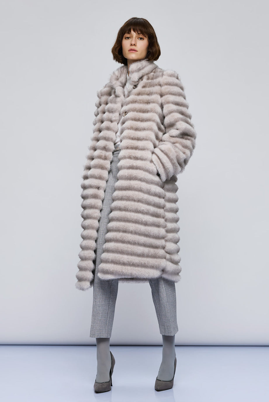 Access Fashion long grey faux fur coat full length on model, relaxed straight silhouette