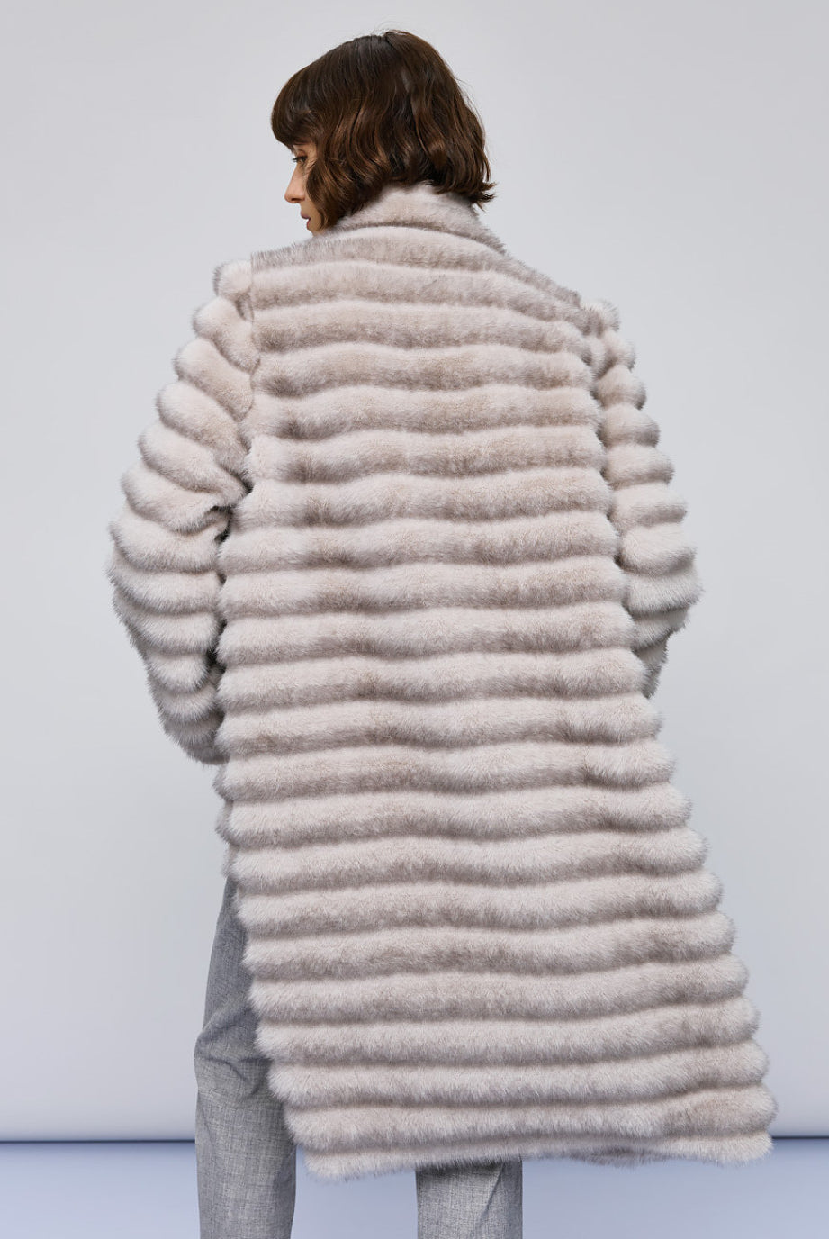 Access Fashion long grey faux fur coat back view, horizontal striped faux fur design