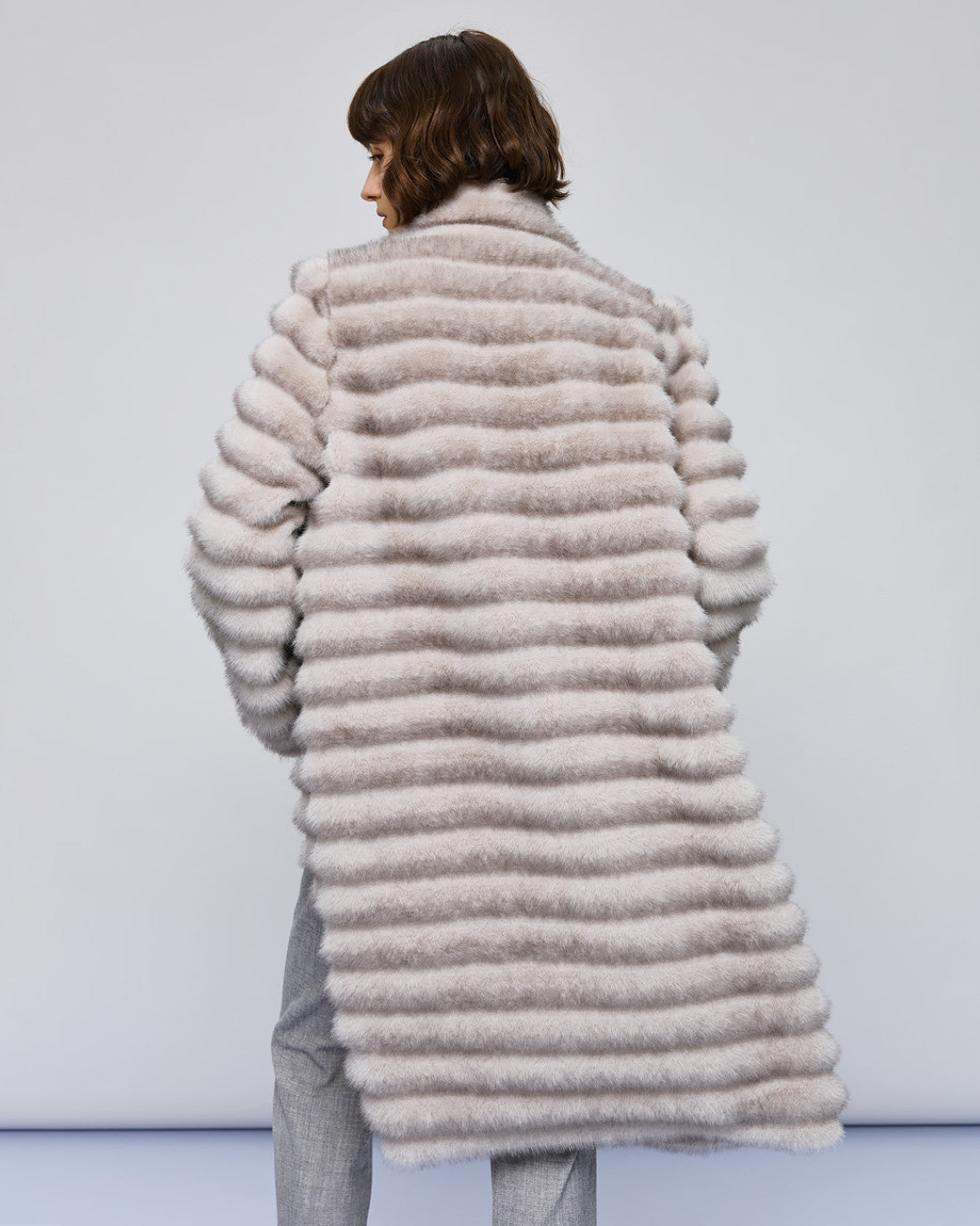 Access Fashion long grey faux fur coat back view, horizontal striped faux fur design