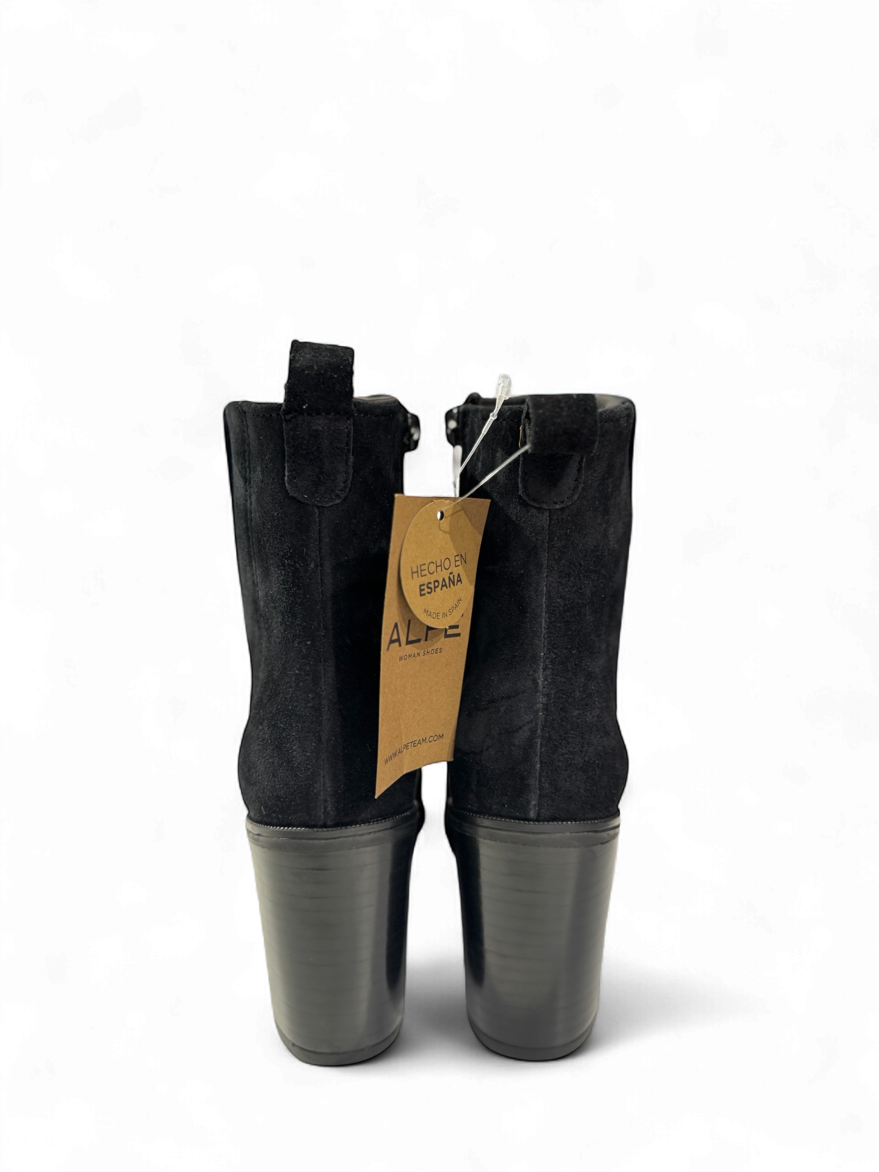 Back view of Alpe black suede ankle boots with easy on pull tabs