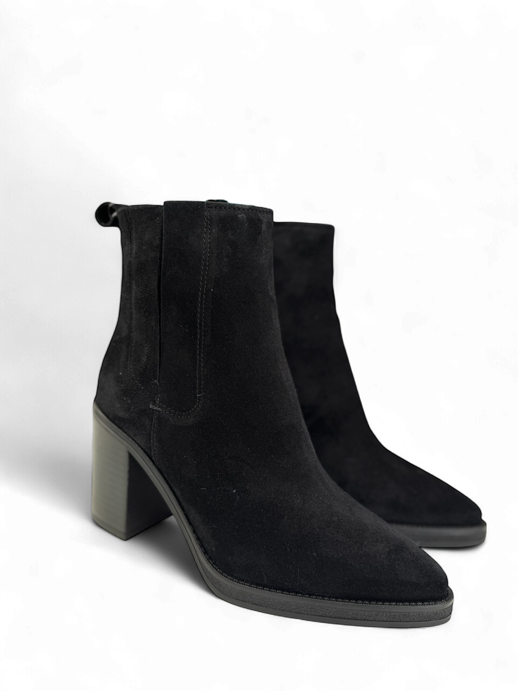 Alpe black suede ankle boots with almond toe and block heel