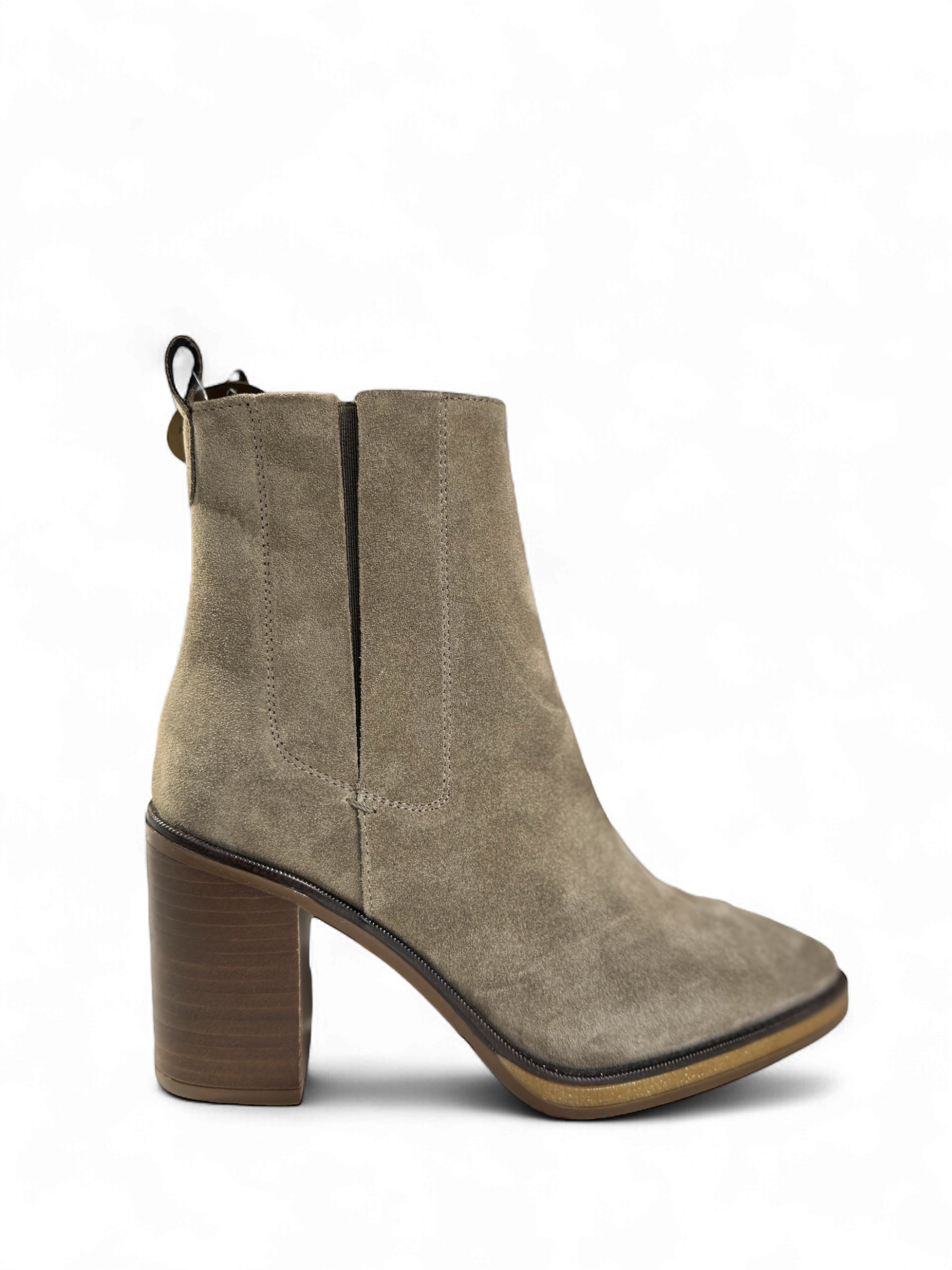 Side view of Alpe suede ankle boots in sand colour with elasticated panels