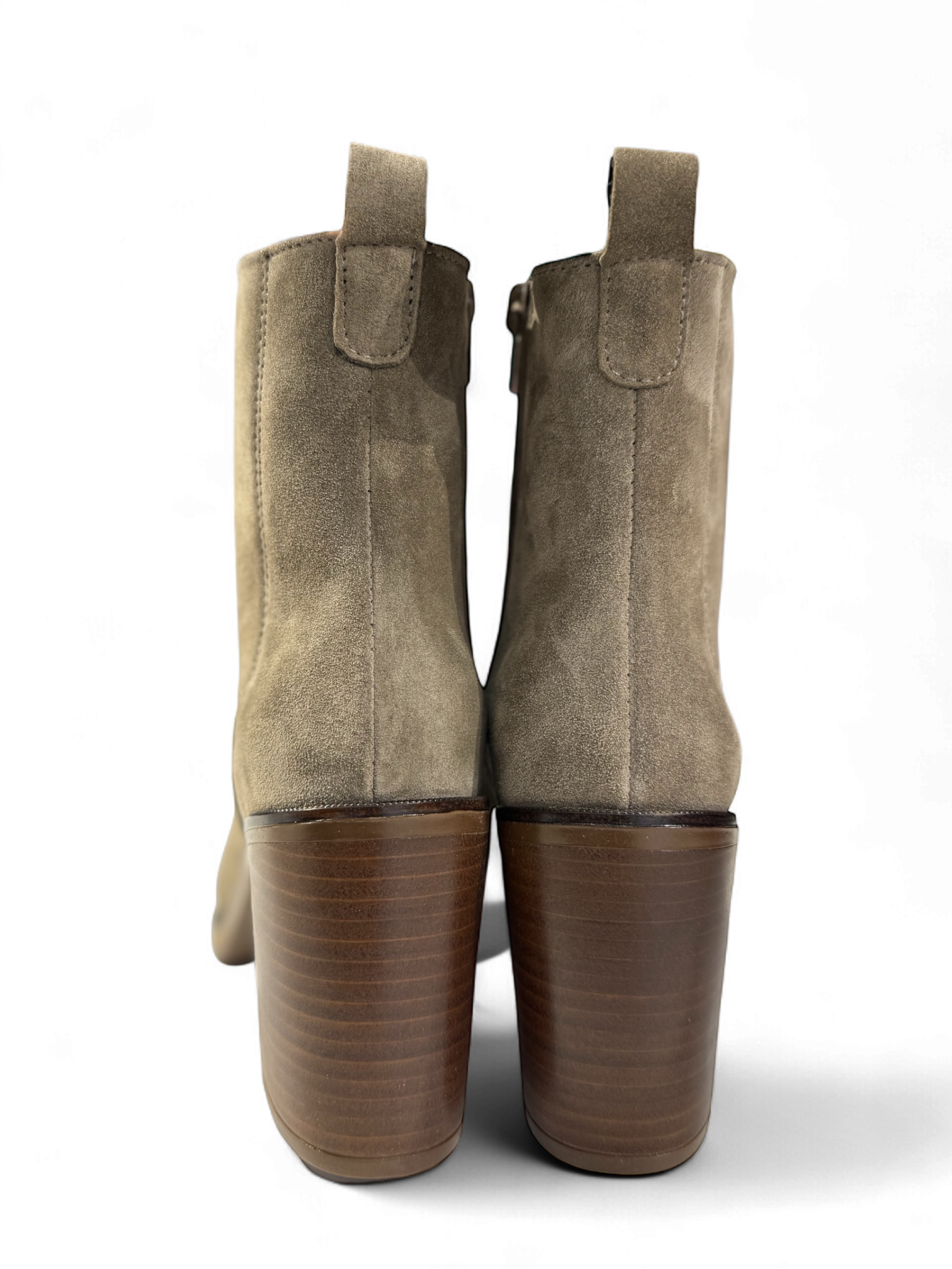Back view of sand suede block heel ankle boots for women