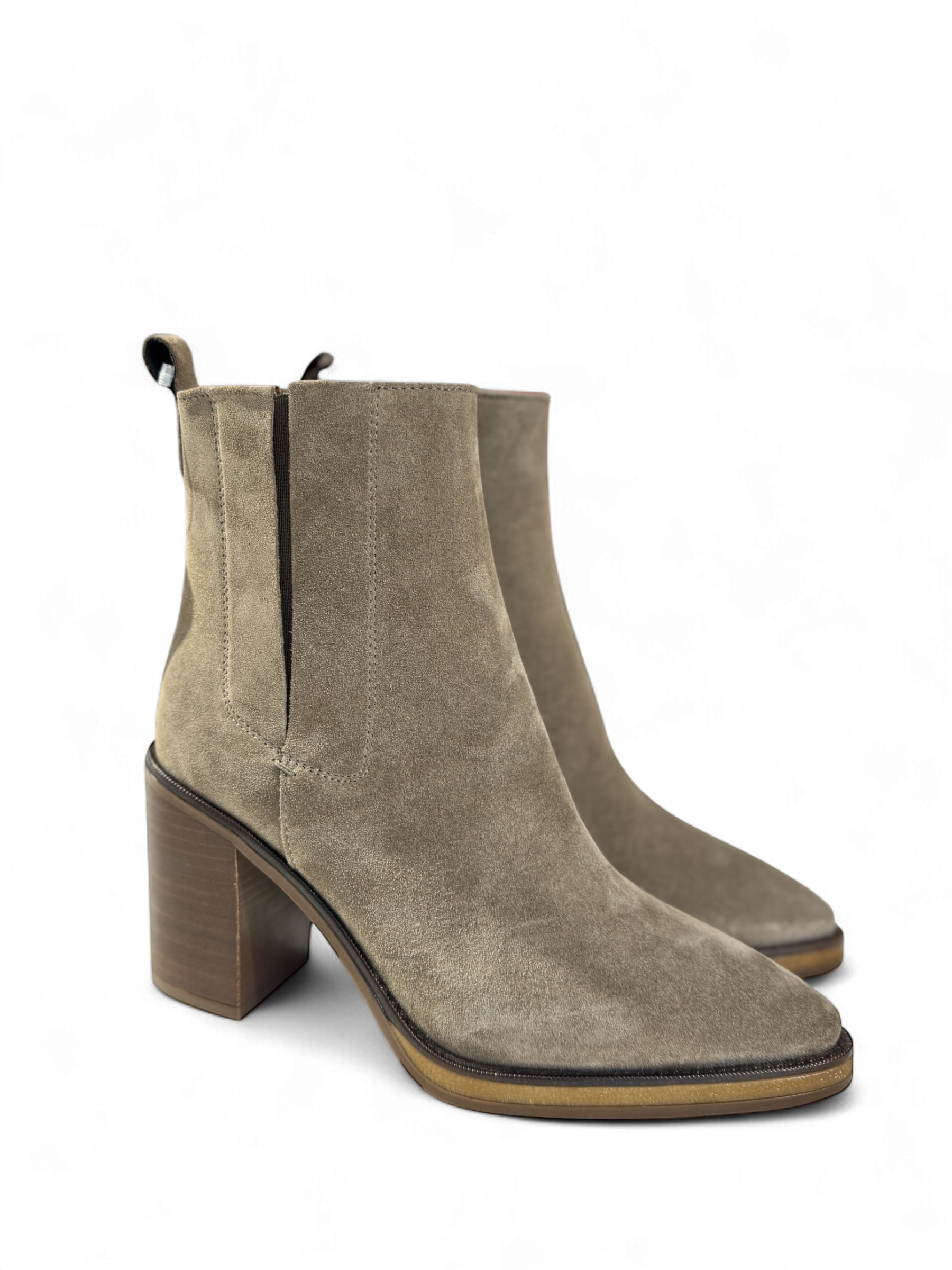Pair of Alpe women’s suede ankle boots in sand with block heel